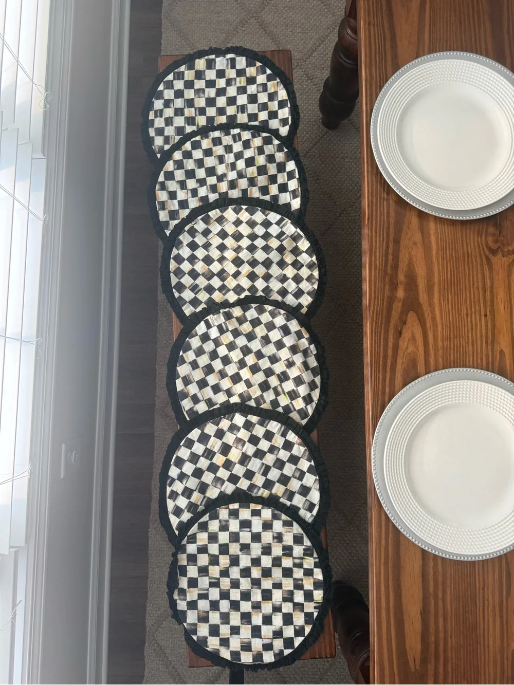MacKenzie-Childs Black and Cream Checked Placemat with Ruffled Edge
